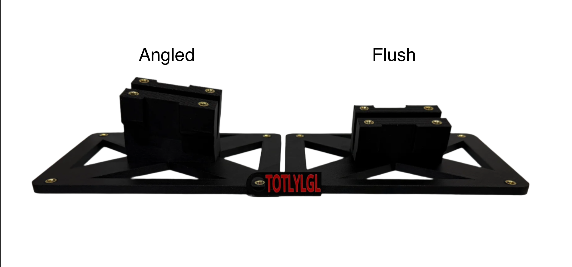 A black front plate mount with two options labeled: Angled and Flush. The mount is designed for the Acura Integra Type S DE5.