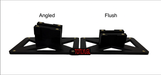 A black front plate mount with two options labeled: Angled and Flush. The mount is designed for the Acura Integra Type S DE5.